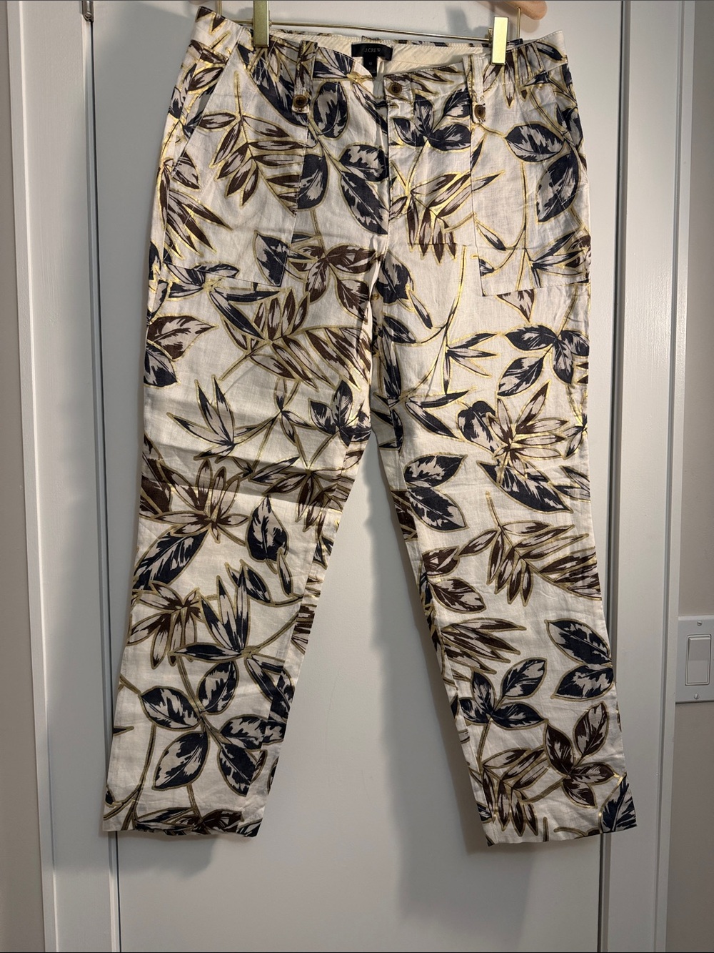 J. Crew linen White Botanical-Print Chinos with Navy & Brown Leaves size 10